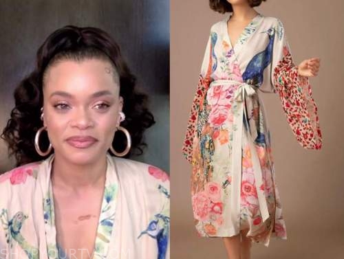 andra day, drew barrymore show, peacock floral kimono robe