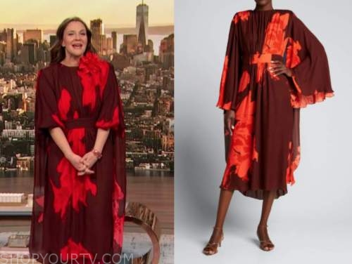 drew barrymore, drew barrymore show, red floral cape dress
