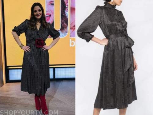 drew barrymore, drew barrymore show, black polka dot midi shirt dress