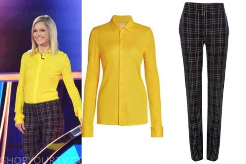 sara haines, the chase, yellow shirt, black plaid pants