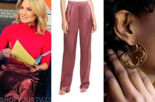 amy robach, pink satin pants, gold hoop earrings