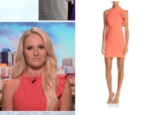 tomi lahren, outnumbered, orange ruffle sheath dress
