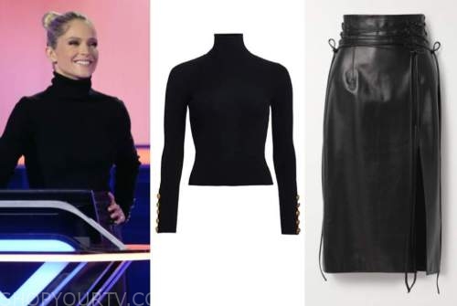 the chase, sara haines, black turtleneck, black leather skirt
