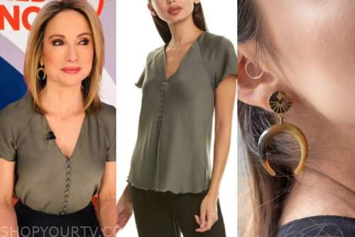 amy robach, good morning america, green silk button top, horn earrings