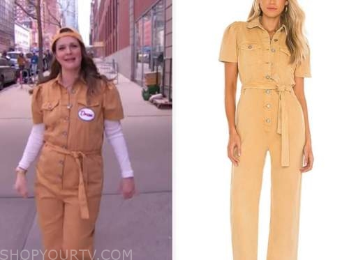 drew barrymore, drew barrymore show, yellow puff sleeve jumpsuit