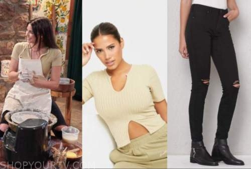 rachael kirkconnell, sage green crop top, ripped jeans, the bachelor, fantasy suite dates