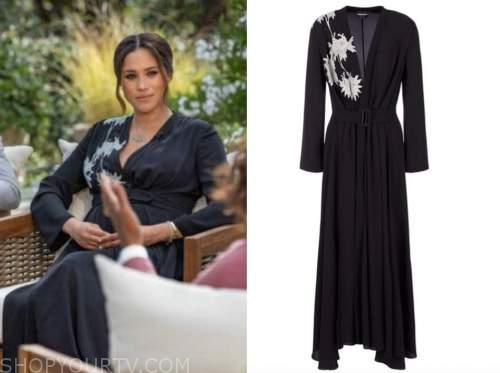 meghan markle, oprah with meghan and harry, black and white floral silk midi dress