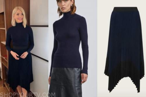 holly willoughby, this morning, navy jumper, navy blue pleated skirt