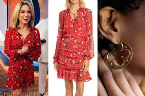 amy robach, good morning america, red floral dress, gold hoop earrings