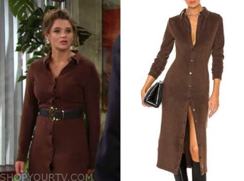 summer newman, hunter king, the young and the restless, brown ribbed knit midi dress