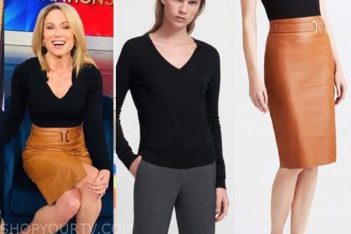amy robach, good morning america, black v-neck top, camel pencil skirt