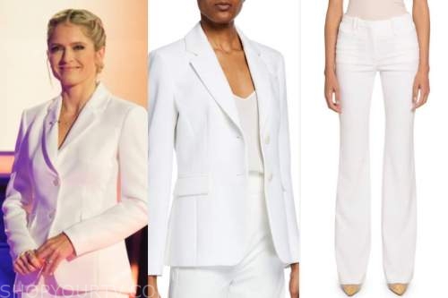 the chase, sara haines, white blazer and pant suit