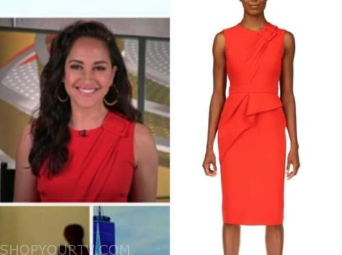 emily compagno, outnumbered, red buckle sheath dress