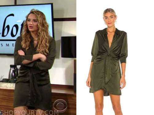 summer newman, hunter king, the young and the restless, olive green satin tie waist dress
