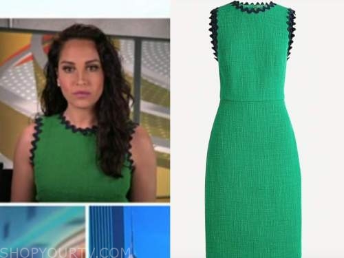 emily compagno, outnumbered, green and blue tweed scallop contrast trim sheath dress