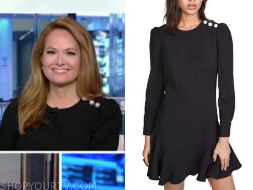 gillian turner, outnumbered, black pearl button shoulder dress
