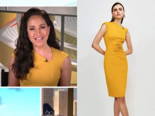 emily compagno, yellow asymmetric neck sheath dress, outnumbered