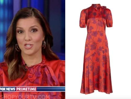 fox news primetime, rachel campos duffy, red silk floral tie neck midi dress