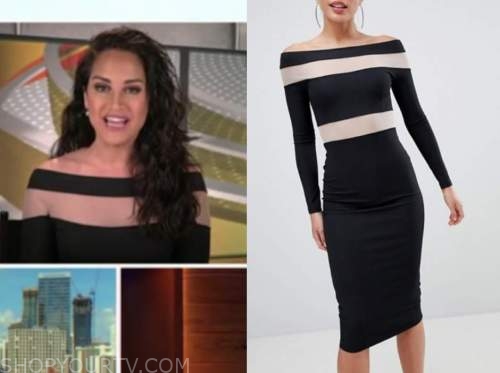 emily compagno, outnumbered, black mesh insert dress
