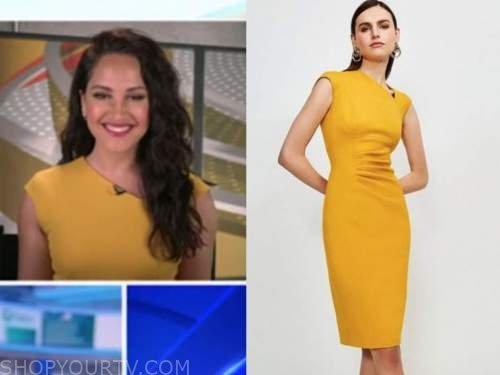 emily compagno, outnumbered, yellow asymmetric neck sheath dress