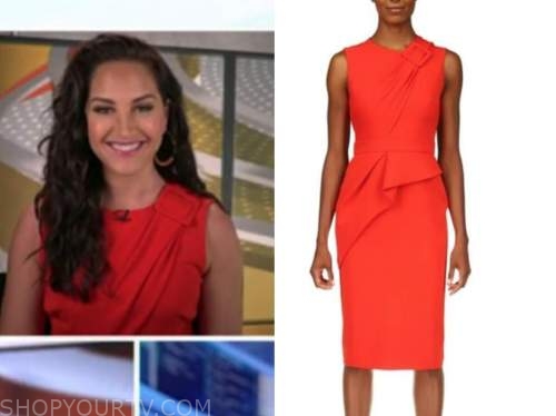 emily compagno, outnumbered, red buckle sheath dress