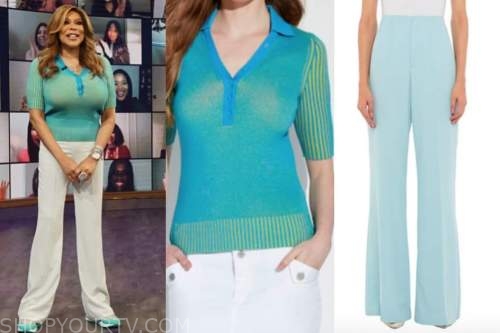 wendy williams, the wendy williams show, blue knit polo sweater top, blue pants