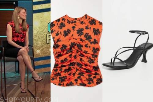 brooke jaffe, E! news, daily pop, orange satin floral top, black sandals