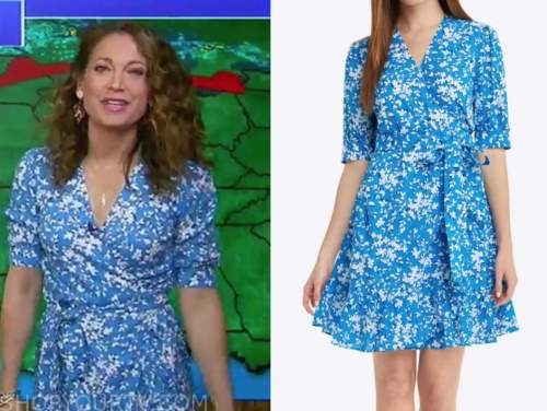 ginger zee, good morning america, blue floral wrap dress