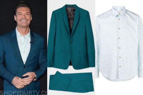 ryan seacrest, american idol, teal suit, music printed shirt