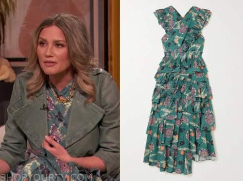 jennifer nettles, drew barrymore show, green teal floral midi dress