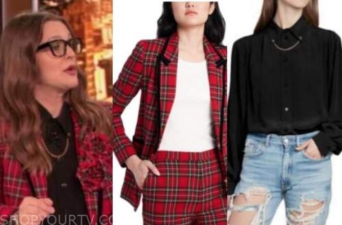 drew barrymore, drew barrymore show, red tartan blazer, black chain top