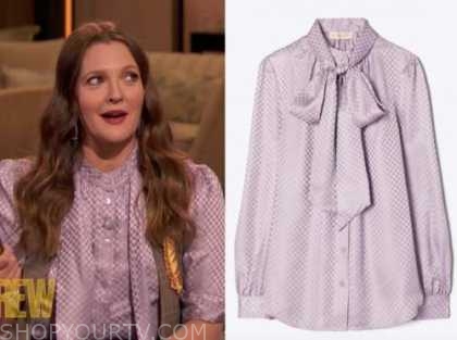 drew barrymore, drew barrymore show, purple tie neck blouse