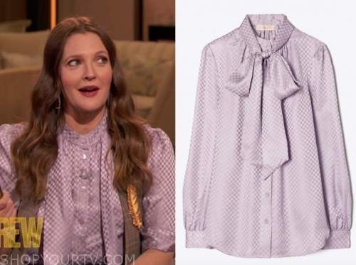 drew barrymore, drew barrymore show, purple tie neck blouse