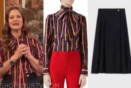 drew barrymore, drew barrymore show, chain print blouse, navy blue skirt