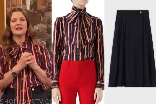 drew barrymore, drew barrymore show, chain print blouse, navy blue skirt