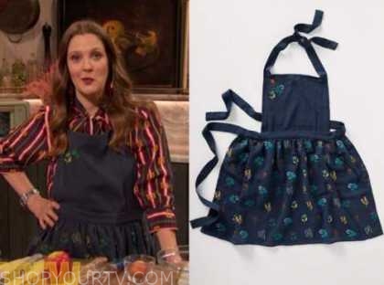 drew barrymore, drew barrymore show, navy blue floral apron