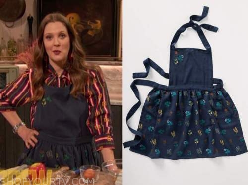 drew barrymore, drew barrymore show, navy blue floral apron