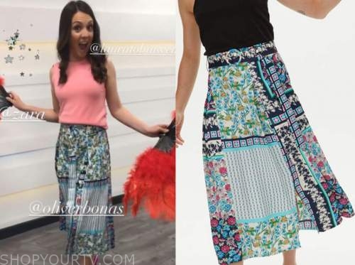laura tobin, good morning britain, blue mixed print skirt