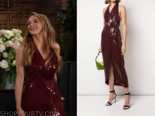 summer newman, huner king, the young and the restless, burgundy sequin halter dress