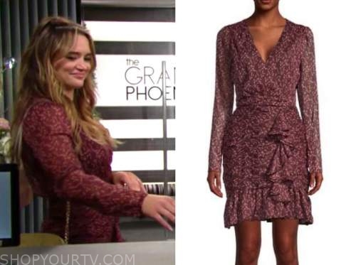 summer newman, hunter king, the young and the restless, burgundy floral wrap dress
