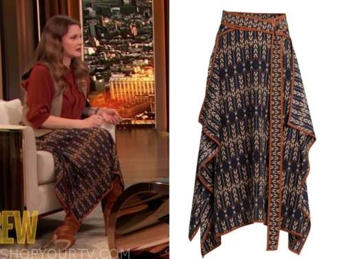 drew barrymore, drew barrymore show, arrow asymmetric contrast trim skirt