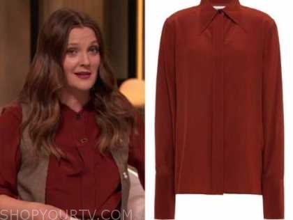 drew barrymore, drew barrymore show, rust red silk shirt