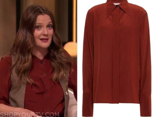drew barrymore, drew barrymore show, rust red silk shirt
