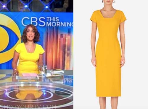 CBS This Morning: May 2021 Gayle King's Yellow Square Neck Sheath Dress ...