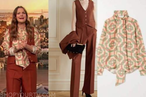 drew barrymore, drew barrymore show, red rust vest, rust pants, geometric blouse