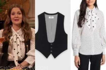 drew barrymore, drew barrymore show, black vest, polka dot tie neck blouse