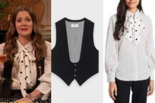 drew barrymore, drew barrymore show, black vest, polka dot tie neck blouse