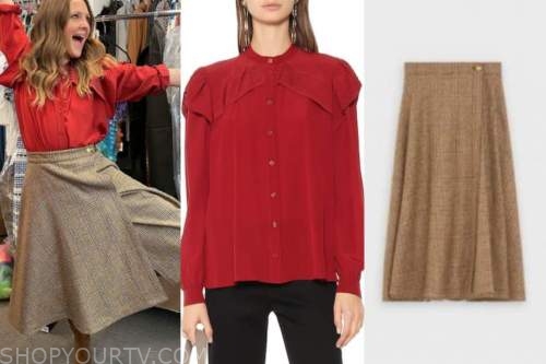 drew barrymore, drew barrymore show, red blouse, plaid skirt