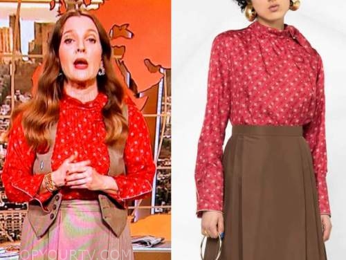 drew barrymore, drew barrymore show, red printed tie neck blouse