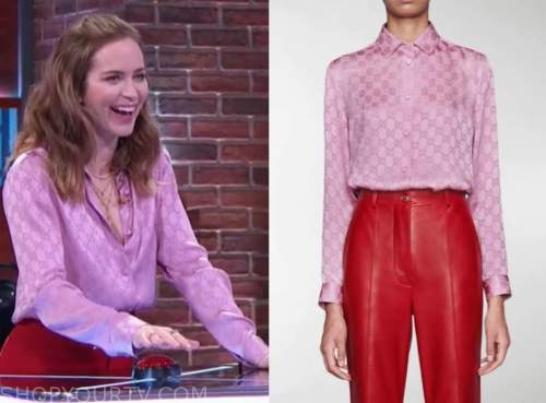 kelly clarkson show, emily blunt, purple pink monogram shirt